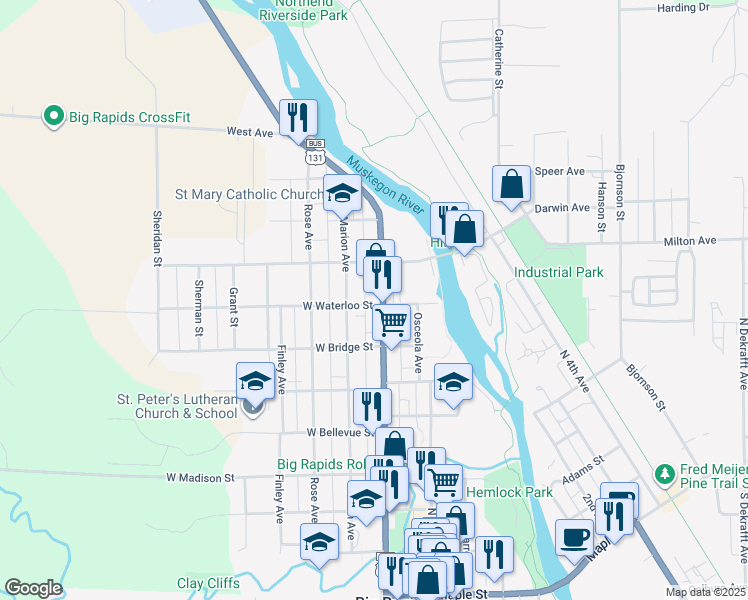 map of restaurants, bars, coffee shops, grocery stores, and more near 726 Marion Avenue in Big Rapids