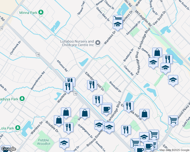 map of restaurants, bars, coffee shops, grocery stores, and more near 2 Clovercrest Drive in Brampton