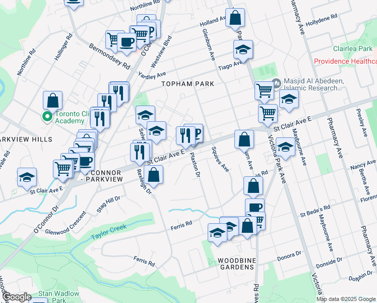 map of restaurants, bars, coffee shops, grocery stores, and more near in Toronto