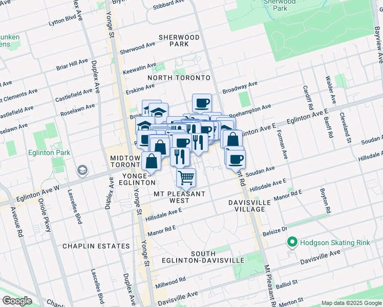 map of restaurants, bars, coffee shops, grocery stores, and more near 98 Lillian Street in Toronto