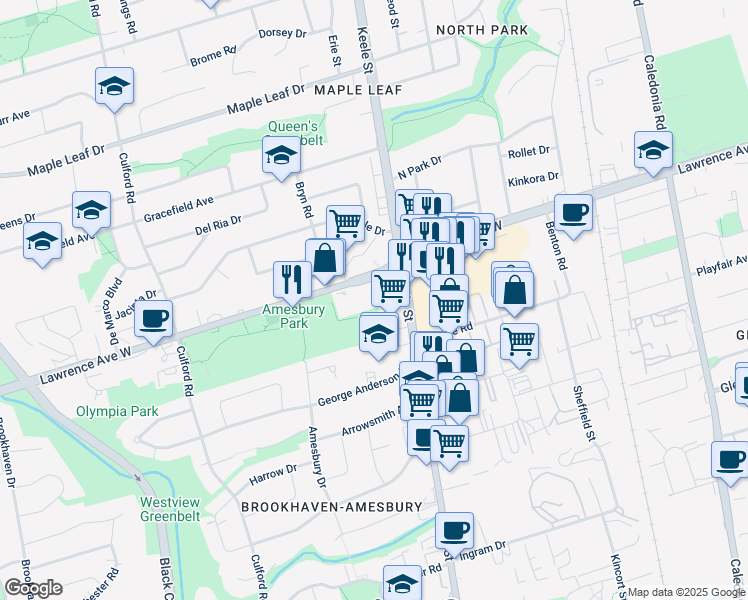 map of restaurants, bars, coffee shops, grocery stores, and more near in Toronto