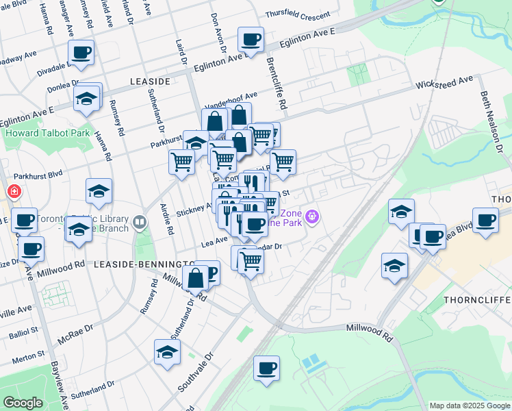 map of restaurants, bars, coffee shops, grocery stores, and more near 19 Industrial Street in Toronto