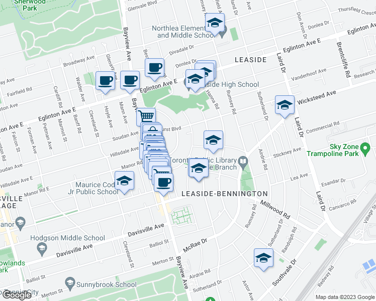 map of restaurants, bars, coffee shops, grocery stores, and more near 32 Cameron Crescent in Toronto