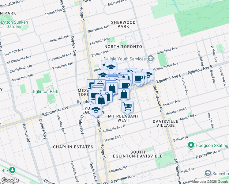 map of restaurants, bars, coffee shops, grocery stores, and more near 90 Eglinton Avenue East in Toronto
