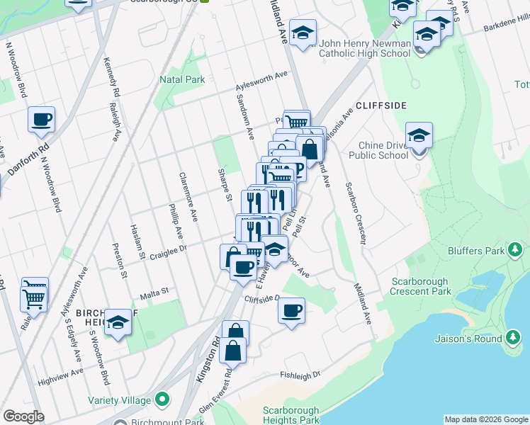 map of restaurants, bars, coffee shops, grocery stores, and more near in Toronto