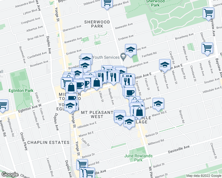 map of restaurants, bars, coffee shops, grocery stores, and more near 191 Eglinton Avenue East in Toronto
