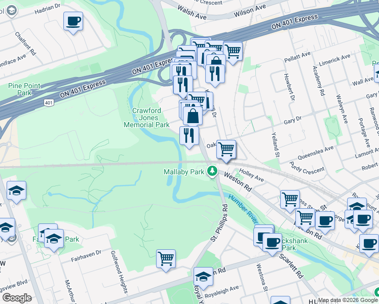 map of restaurants, bars, coffee shops, grocery stores, and more near in Toronto