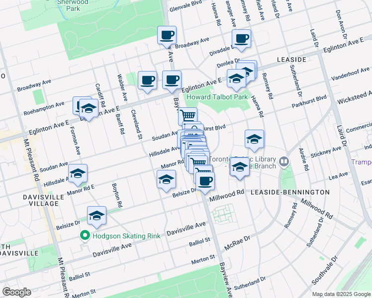 map of restaurants, bars, coffee shops, grocery stores, and more near 727 Hillsdale Avenue East in Toronto