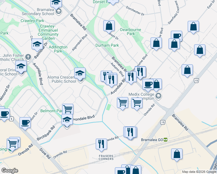 map of restaurants, bars, coffee shops, grocery stores, and more near 36 Avondale Boulevard in Brampton