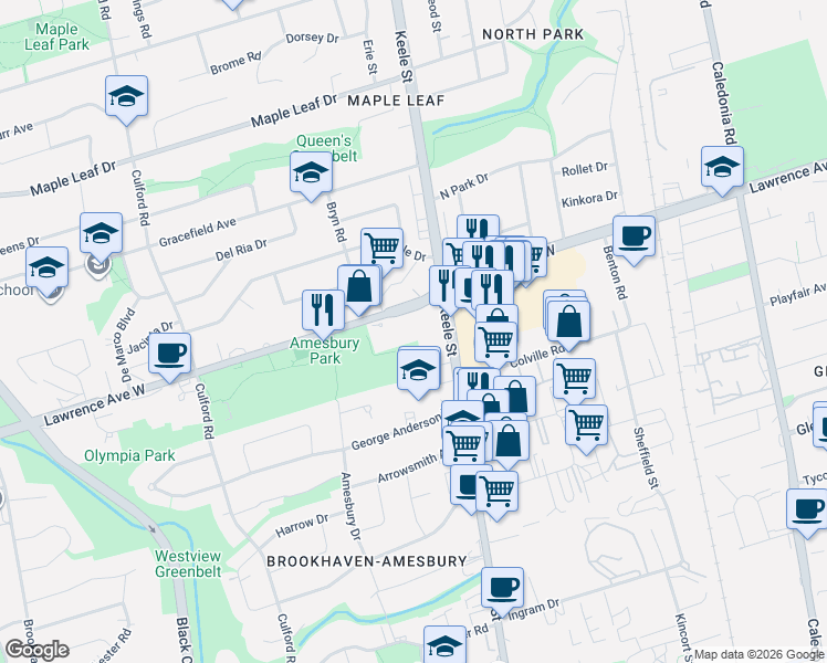 map of restaurants, bars, coffee shops, grocery stores, and more near in Toronto