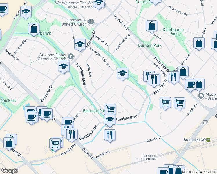 map of restaurants, bars, coffee shops, grocery stores, and more near 34 Argyle Crescent in Brampton