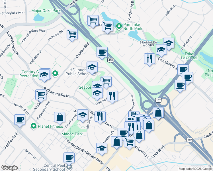 map of restaurants, bars, coffee shops, grocery stores, and more near 28 Bingham Road in Brampton