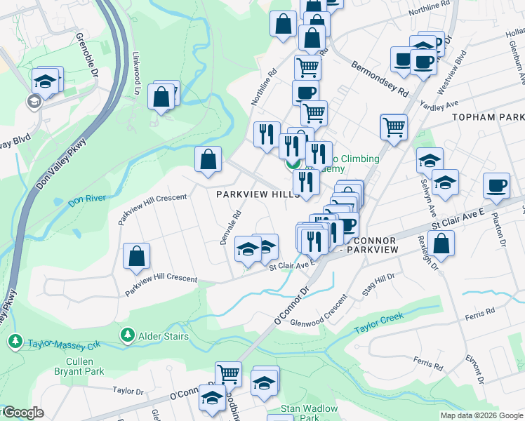 map of restaurants, bars, coffee shops, grocery stores, and more near 44 Doris Drive in Toronto
