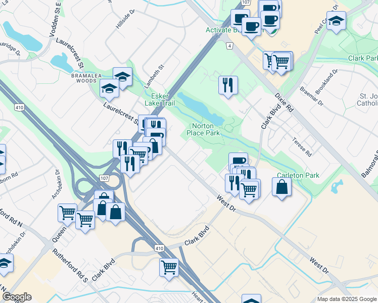 map of restaurants, bars, coffee shops, grocery stores, and more near 101 West Drive in Brampton