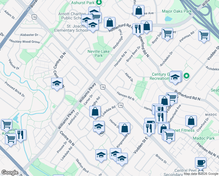 map of restaurants, bars, coffee shops, grocery stores, and more near 319 Hansen Road North in Brampton