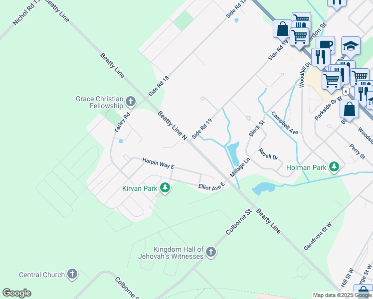 map of restaurants, bars, coffee shops, grocery stores, and more near 6524 Beatty Line North in Fergus