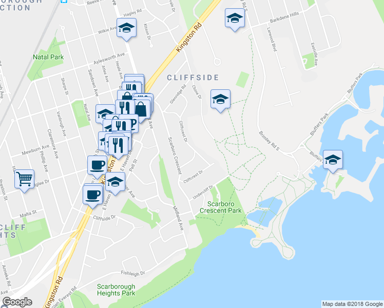 map of restaurants, bars, coffee shops, grocery stores, and more near 10 Highcliff Crescent in Toronto