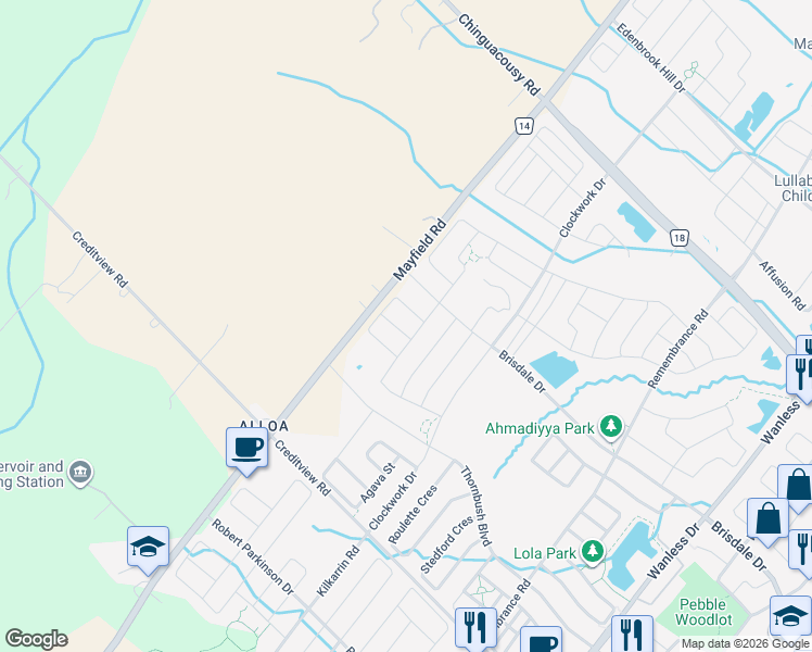 map of restaurants, bars, coffee shops, grocery stores, and more near in Brampton
