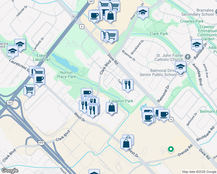 map of restaurants, bars, coffee shops, grocery stores, and more near 86 Carleton Place in Brampton