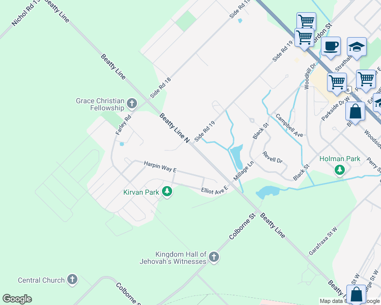 map of restaurants, bars, coffee shops, grocery stores, and more near 6524 Beatty Line North in Fergus