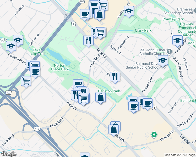 map of restaurants, bars, coffee shops, grocery stores, and more near 88 Carleton Place in Brampton
