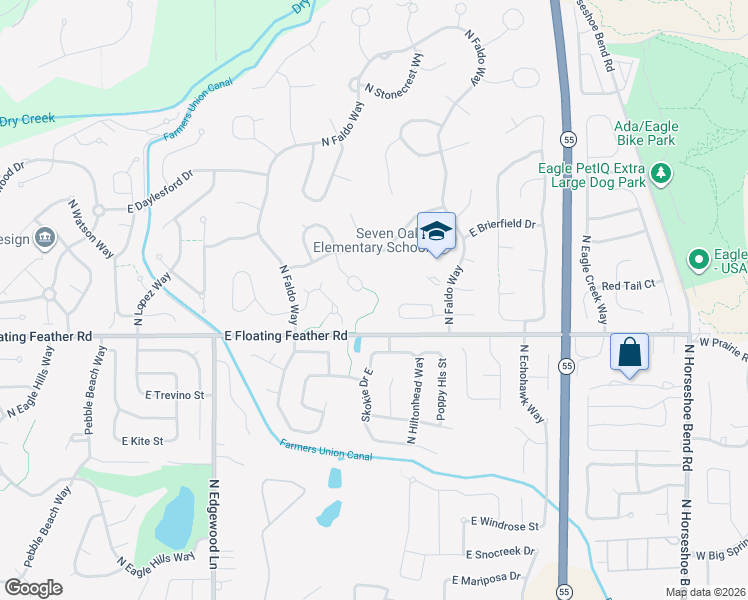 map of restaurants, bars, coffee shops, grocery stores, and more near 2223 East Ashbrook Drive in Eagle