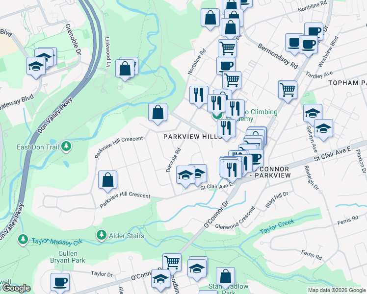 map of restaurants, bars, coffee shops, grocery stores, and more near in Toronto