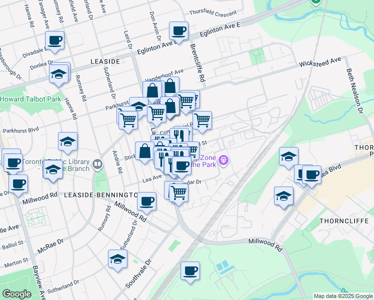 map of restaurants, bars, coffee shops, grocery stores, and more near 25 Industrial Street in Toronto