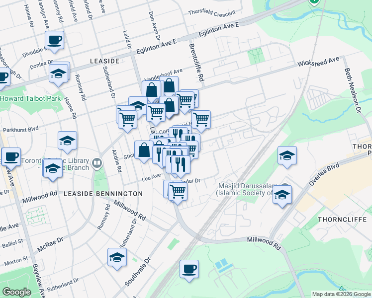 map of restaurants, bars, coffee shops, grocery stores, and more near 25 Industrial Street in Toronto