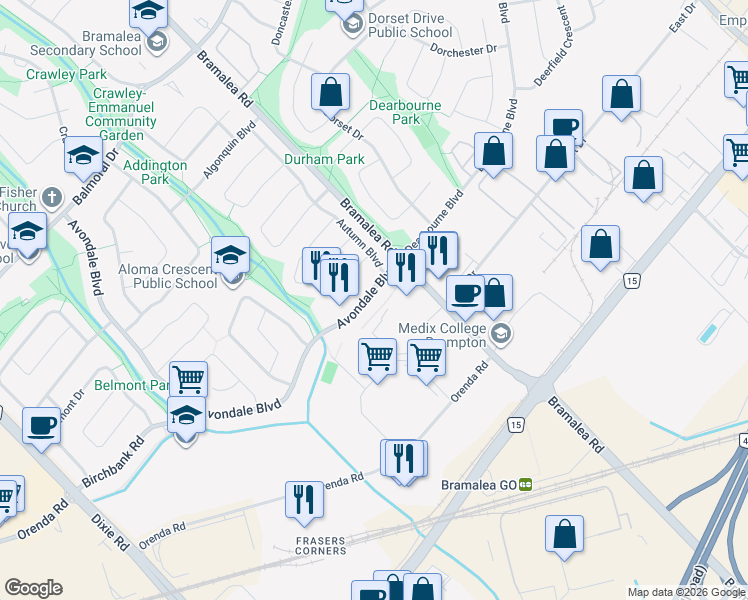 map of restaurants, bars, coffee shops, grocery stores, and more near 19 Avondale Boulevard in Brampton