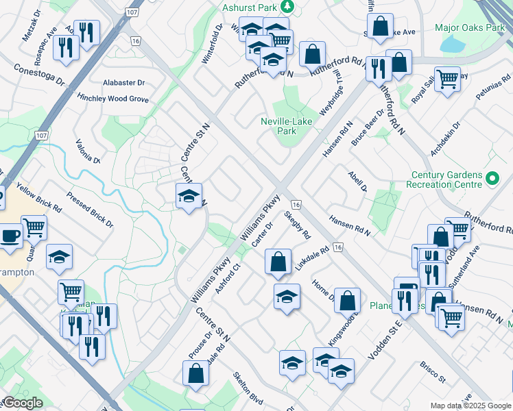 map of restaurants, bars, coffee shops, grocery stores, and more near 36 Blackthorn Lane in Brampton
