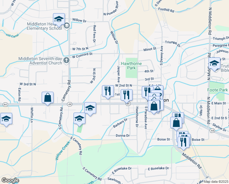 map of restaurants, bars, coffee shops, grocery stores, and more near 18 North Viking Avenue in Middleton