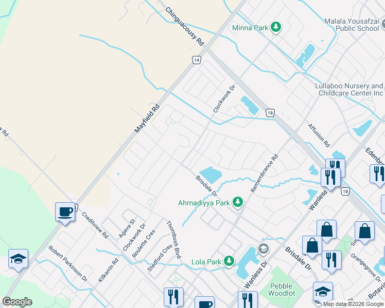 map of restaurants, bars, coffee shops, grocery stores, and more near 221 Clockwork Drive in Brampton