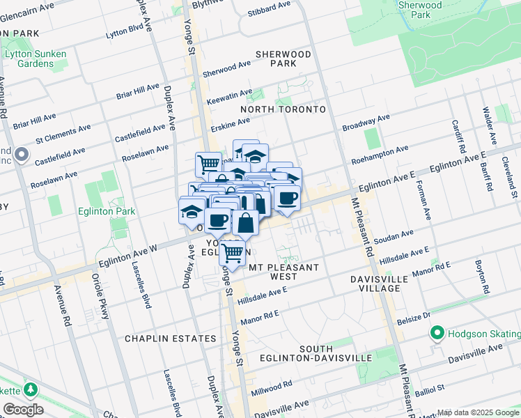 map of restaurants, bars, coffee shops, grocery stores, and more near 90 Eglinton Avenue East in Toronto