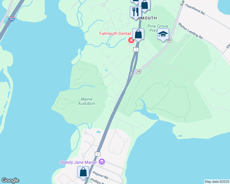 map of restaurants, bars, coffee shops, grocery stores, and more near 124 U.S. 1 in Falmouth