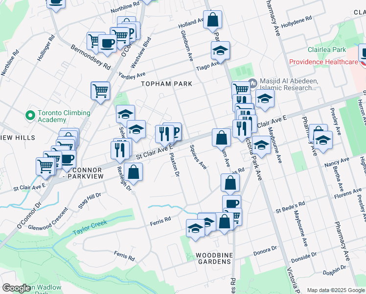 map of restaurants, bars, coffee shops, grocery stores, and more near 42 Glencrest Boulevard in Toronto