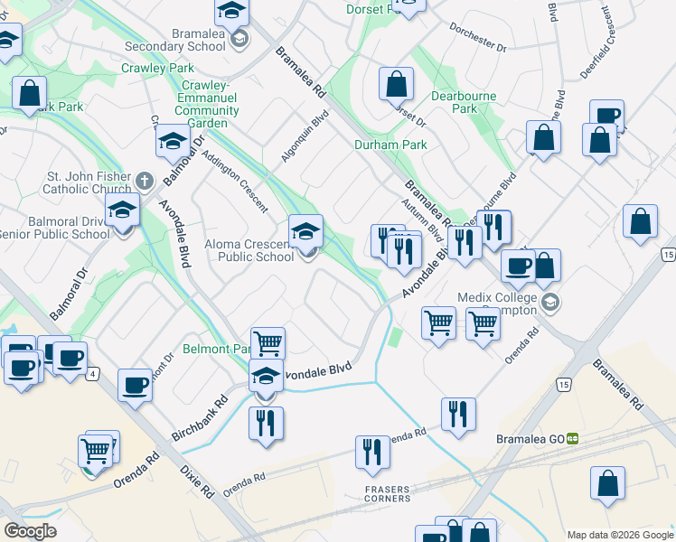 map of restaurants, bars, coffee shops, grocery stores, and more near 39 Aloma Crescent in Brampton