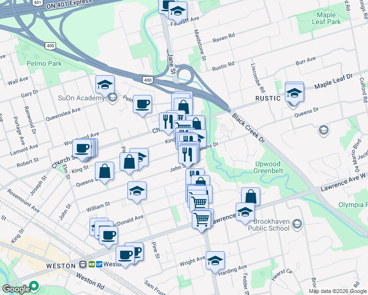 map of restaurants, bars, coffee shops, grocery stores, and more near 255 Queens Drive in Toronto