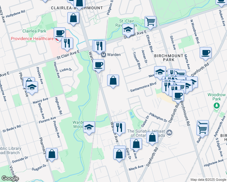map of restaurants, bars, coffee shops, grocery stores, and more near 689 Warden Avenue in Toronto
