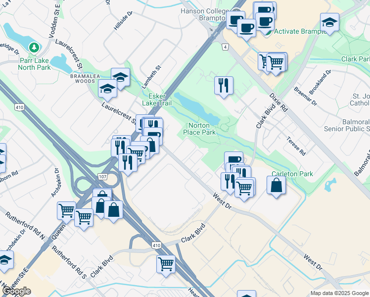 map of restaurants, bars, coffee shops, grocery stores, and more near 101 West Drive in Brampton