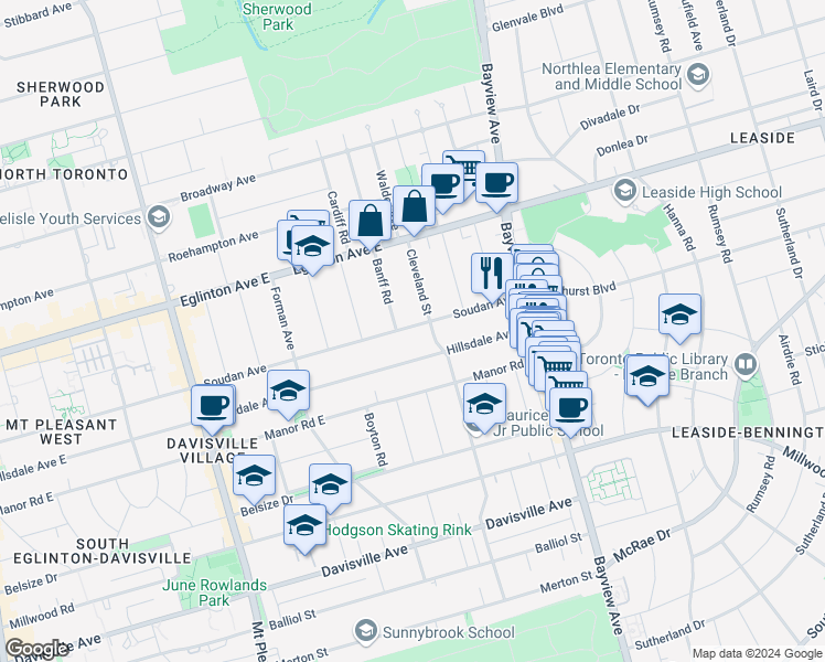 map of restaurants, bars, coffee shops, grocery stores, and more near 575 Soudan Avenue in Toronto