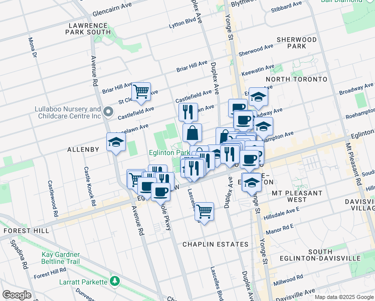 map of restaurants, bars, coffee shops, grocery stores, and more near 68 Edith Drive in Toronto