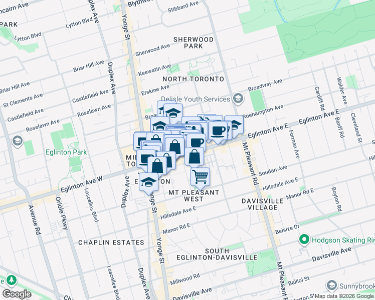 map of restaurants, bars, coffee shops, grocery stores, and more near 120 Eglinton Avenue East in Toronto