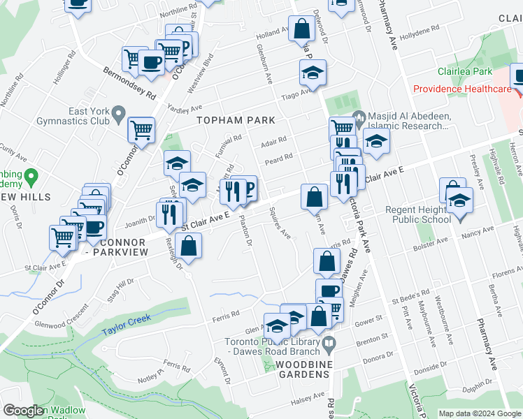 map of restaurants, bars, coffee shops, grocery stores, and more near in Toronto