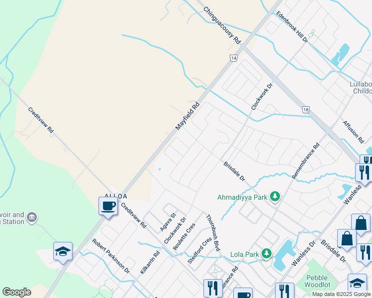 map of restaurants, bars, coffee shops, grocery stores, and more near in Brampton
