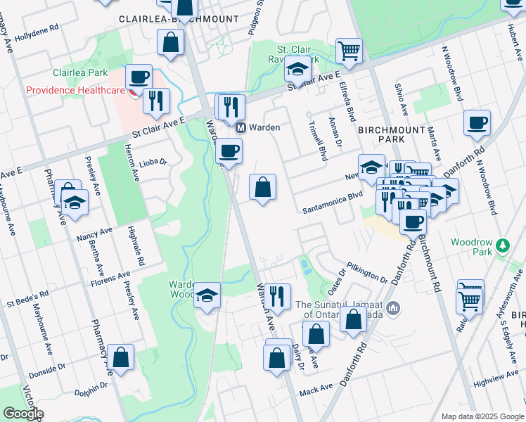 map of restaurants, bars, coffee shops, grocery stores, and more near 689 Warden Avenue in Toronto