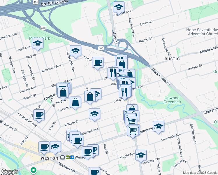 map of restaurants, bars, coffee shops, grocery stores, and more near 201 King Street in Toronto