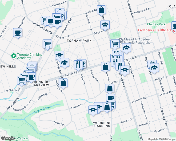map of restaurants, bars, coffee shops, grocery stores, and more near 2903 Saint Clair Avenue East in Toronto