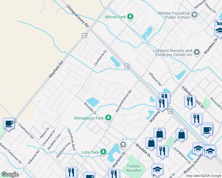 map of restaurants, bars, coffee shops, grocery stores, and more near 23 Action Drive in Brampton