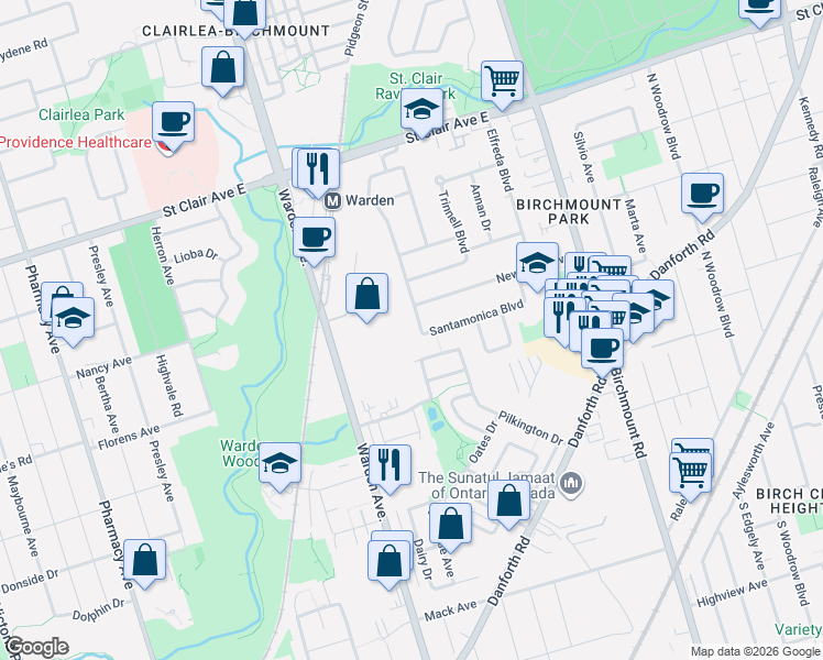 map of restaurants, bars, coffee shops, grocery stores, and more near 90 Santamonica Boulevard in Toronto